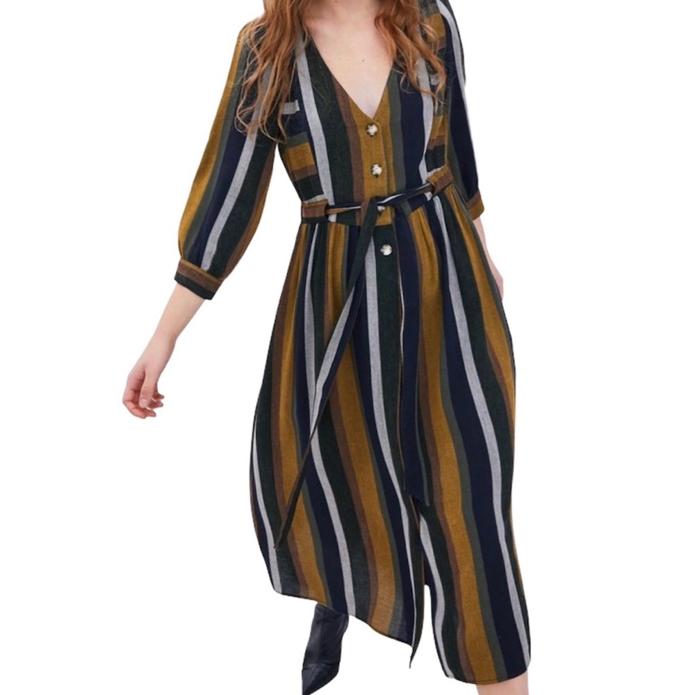 Zara Dress Midi Dress Striped Size L Olive Green Navy Blue